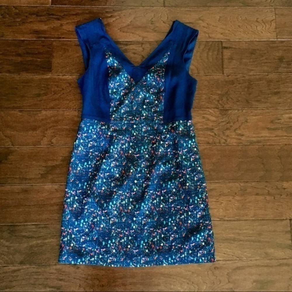 Navy and speckled colorful dress